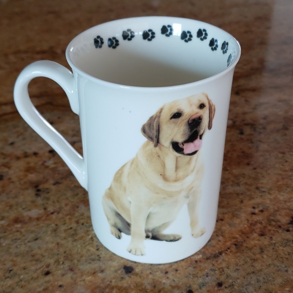 Labrador Dog Mug Paw Prints By Pets, Tall Slender with blonde Labrador picture.